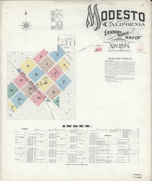 Sanborn Fire Insurance Map from Modesto, Stanislaus County, California (1894), Sheet #0001 - Historic Sanborn Fire Insurance Map Print, vintage old map wall art, antique decor, genealogy gift, California California map