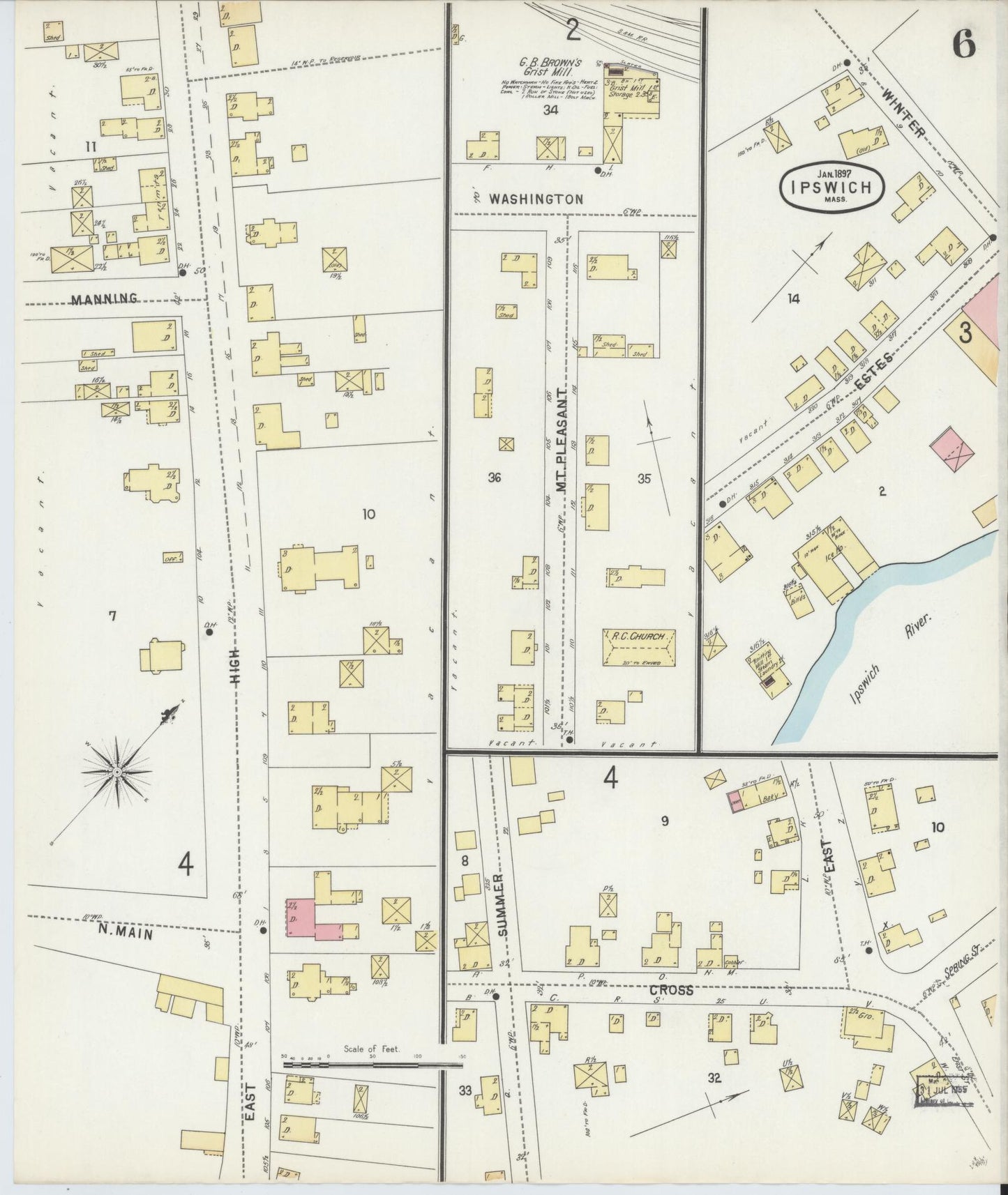 Sanborn Fire Insurance Map from Ipswich, Essex County, Massachusetts (1897), Sheet #0006 - Historic Sanborn Fire Insurance Map Print, vintage old map wall art, antique decor, genealogy gift, Massachusetts Massachusetts map