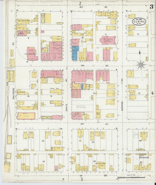 Sanborn Fire Insurance Map from Elkins, Randolph County, West Virginia (1905), Sheet #0003 - Historic Sanborn Fire Insurance Map Print, vintage old map wall art, antique decor, genealogy gift, West Virginia West Virginia map