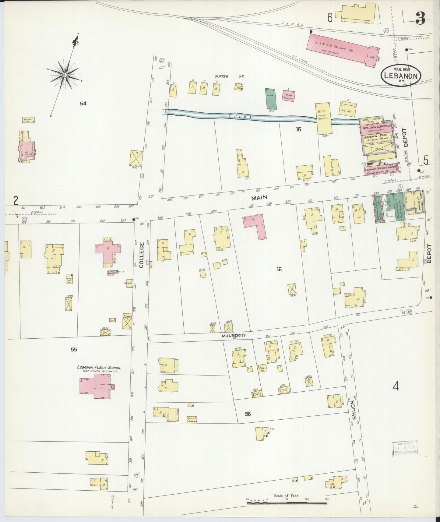 Sanborn Fire Insurance Map from Lebanon, Marion County, Kentucky (1908), Sheet #0003 - Historic Sanborn Fire Insurance Map Print, vintage old map wall art, antique decor, genealogy gift, Kentucky Kentucky map