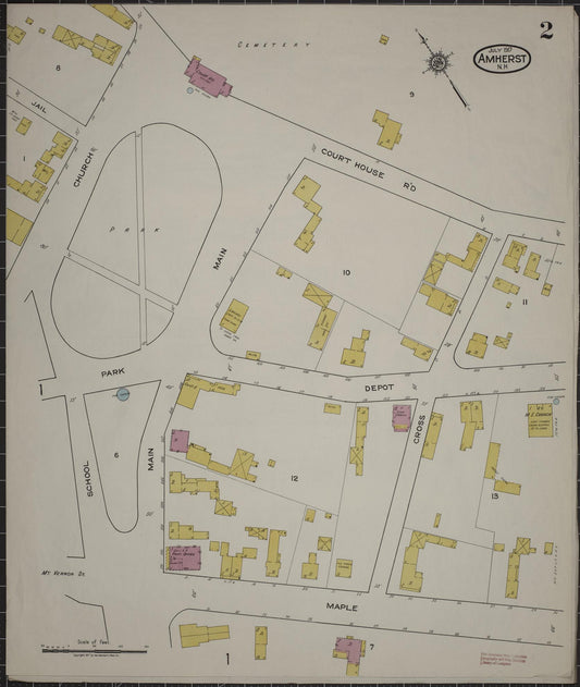 Sanborn Fire Insurance Map from Amherst, Hillsborough County, New Hampshire (1917), Sheet #0002 - Historic Sanborn Fire Insurance Map Print, vintage old map wall art, antique decor, genealogy gift, New Hampshire New Hampshire map