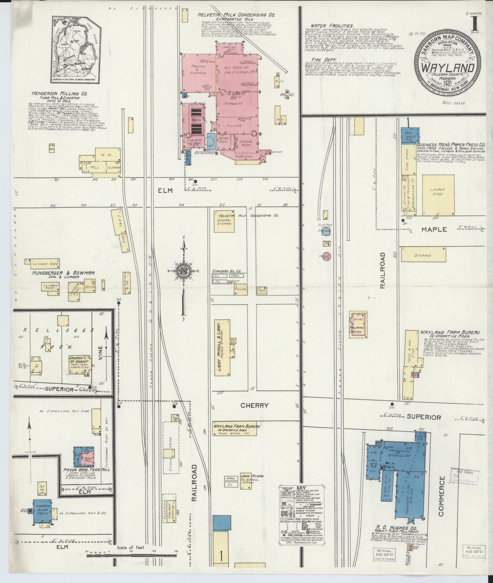 Sanborn Fire Insurance Map from Wayland, Allegan County, Michigan (1921), Sheet #0001 - Historic Sanborn Fire Insurance Map Print, vintage old map wall art, antique decor, genealogy gift, Michigan Michigan map