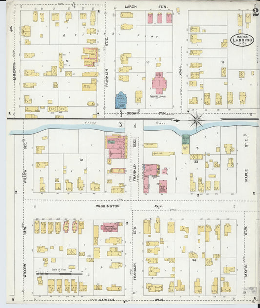 Sanborn Fire Insurance Map from Lansing, Ingham County, Michigan (1906), Sheet #0002 - Historic Sanborn Fire Insurance Map Print, vintage old map wall art, antique decor, genealogy gift, Michigan Michigan map