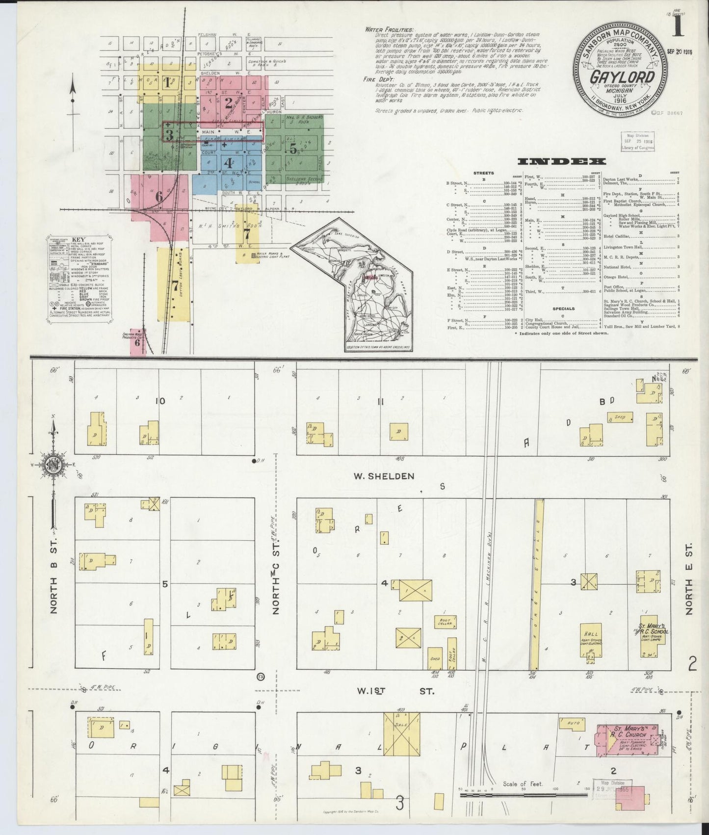Sanborn Fire Insurance Map from Gaylord, Otsego County, Michigan (1916), Sheet #0001 - Complete Map Set gallery image, historic Sanborn map, vintage wall art, Michigan Michigan