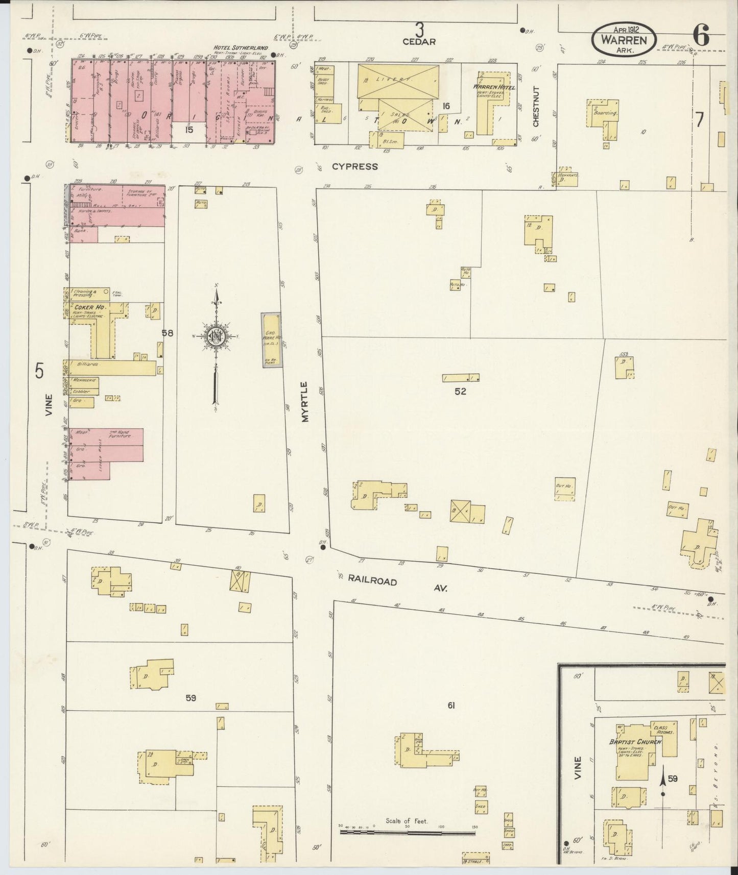 Sanborn Fire Insurance Map from Warren, Bradley County, Arkansas (1912), Sheet #0006 - Complete Map Set gallery image, historic Sanborn map, vintage wall art, Arkansas Arkansas