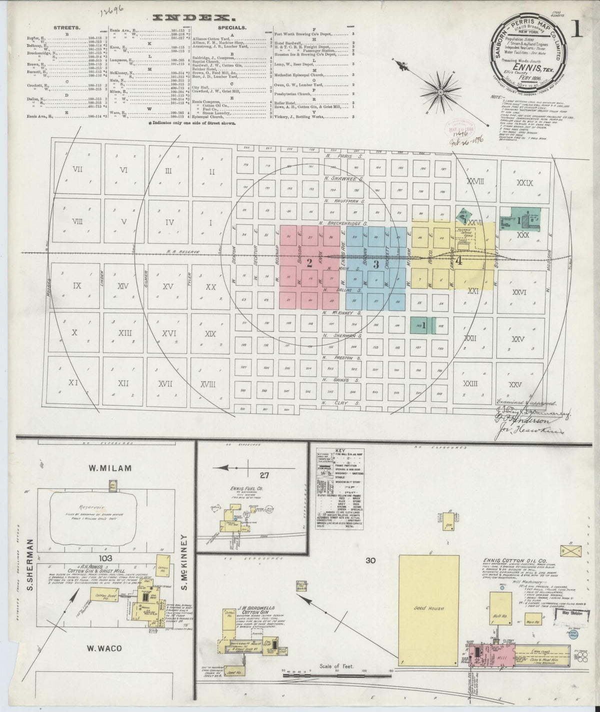 Sanborn Fire Insurance Map from Ennis, Ellis County, Texas (1896), Sheet #0001 - Historic Sanborn Fire Insurance Map Print, vintage old map wall art, antique decor, genealogy gift, Texas Texas map
