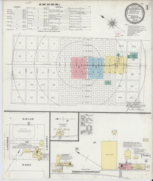 Sanborn Fire Insurance Map from Ennis, Ellis County, Texas (1896), Sheet #0001 - Historic Sanborn Fire Insurance Map Print, vintage old map wall art, antique decor, genealogy gift, Texas Texas map