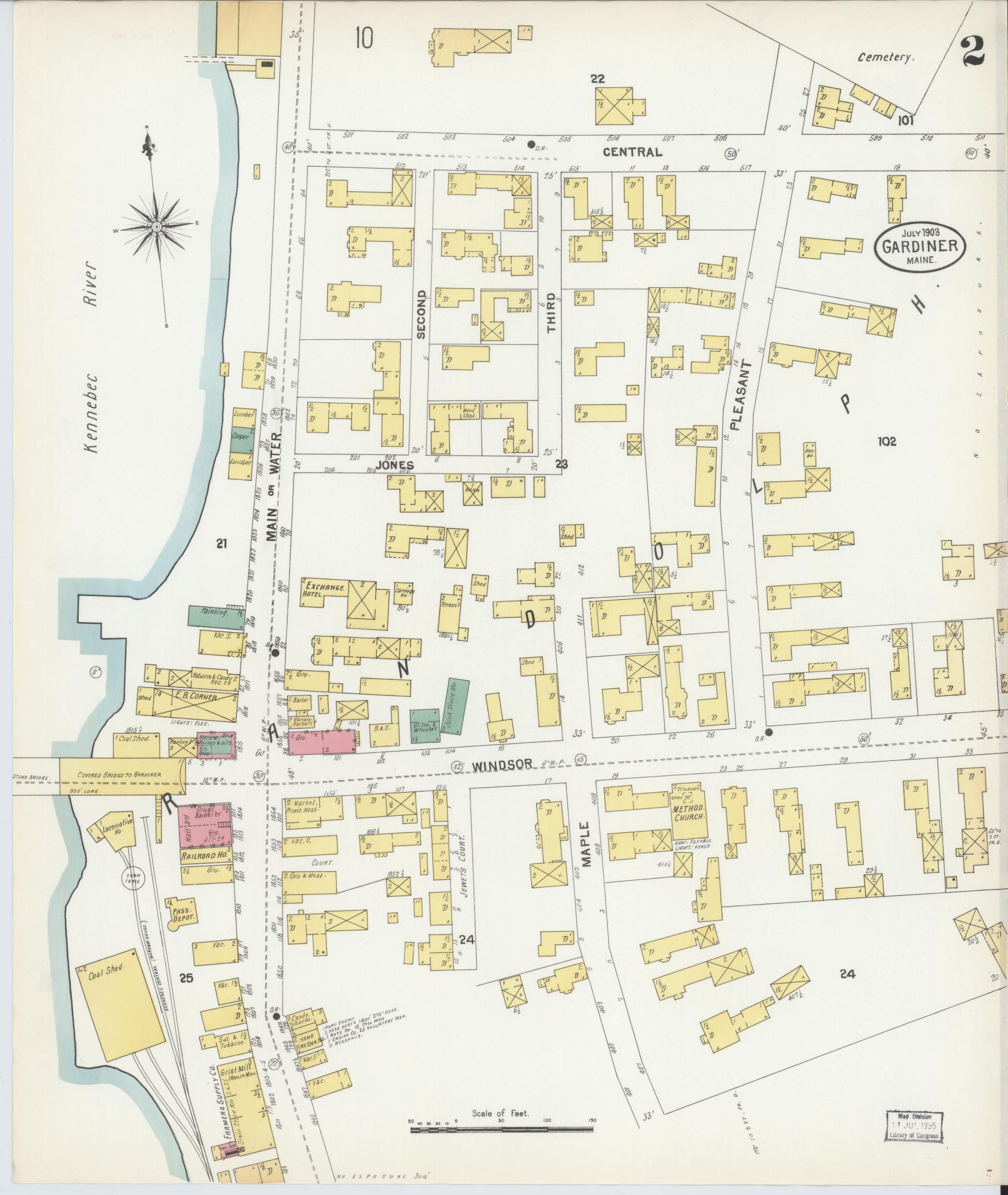 Sanborn Fire Insurance Map from Gardiner, Kennebec County, Maine (1903), Sheet #0002 - Complete Map Set gallery image, historic Sanborn map, vintage wall art, Maine Maine