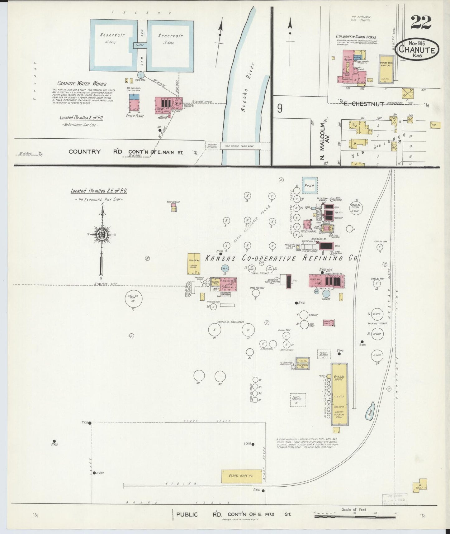 Sanborn Fire Insurance Map from Chanute, Neosho County, Kansas (1916), Sheet #0022 - Historic Sanborn Fire Insurance Map Print, vintage old map wall art, antique decor, genealogy gift, Kansas Kansas map