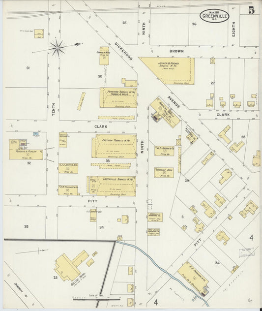 Sanborn Fire Insurance Map from Greenville, Pitt County, North Carolina (1898), Sheet #0005 - Historic Sanborn Fire Insurance Map Print, vintage old map wall art, antique decor, genealogy gift, North Carolina North Carolina map