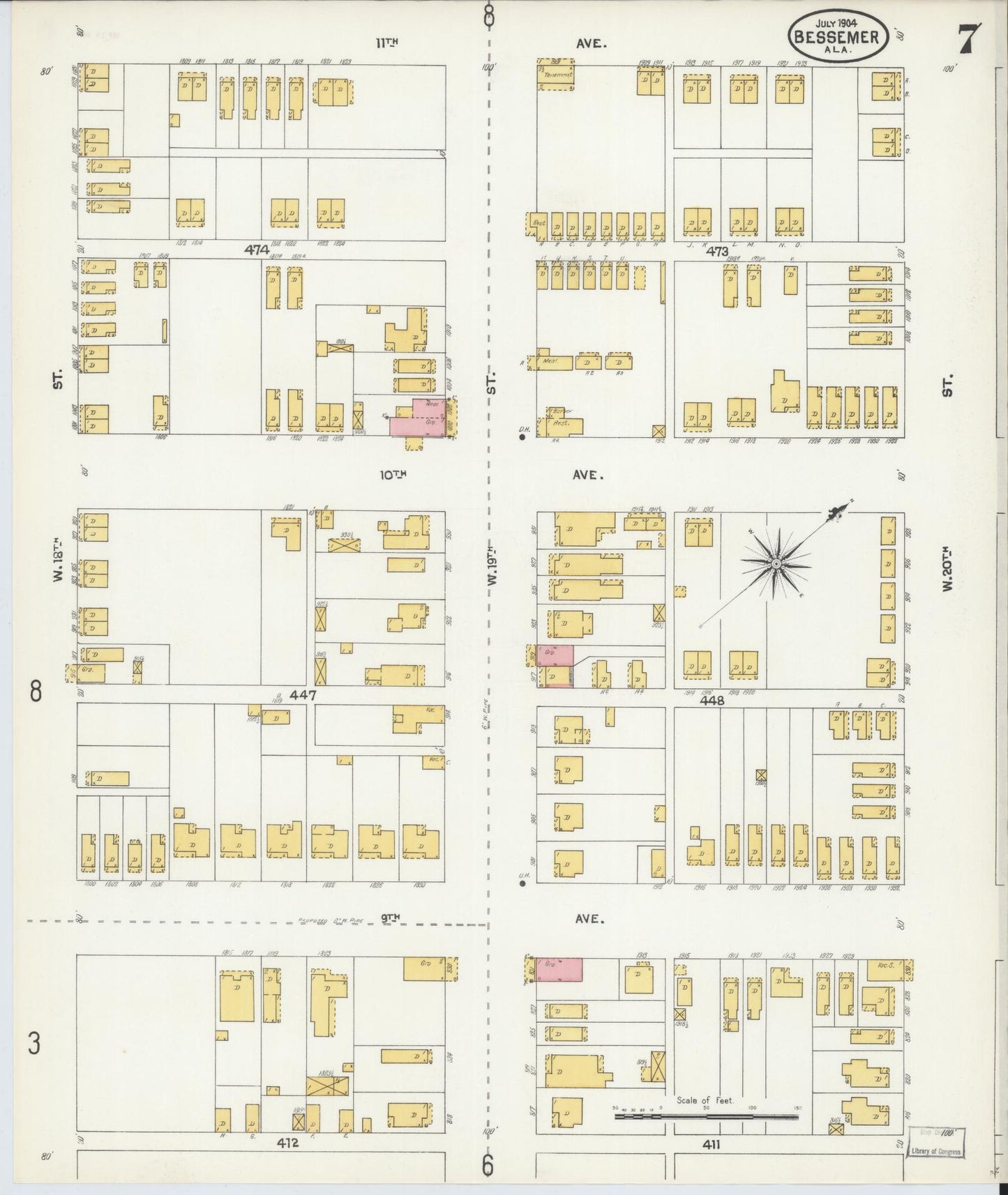 Sanborn Fire Insurance Map from Bessemer, Jefferson County, Alabama (1904), Sheet #0007 - Complete Map Set gallery image, historic Sanborn map, vintage wall art, Alabama Alabama