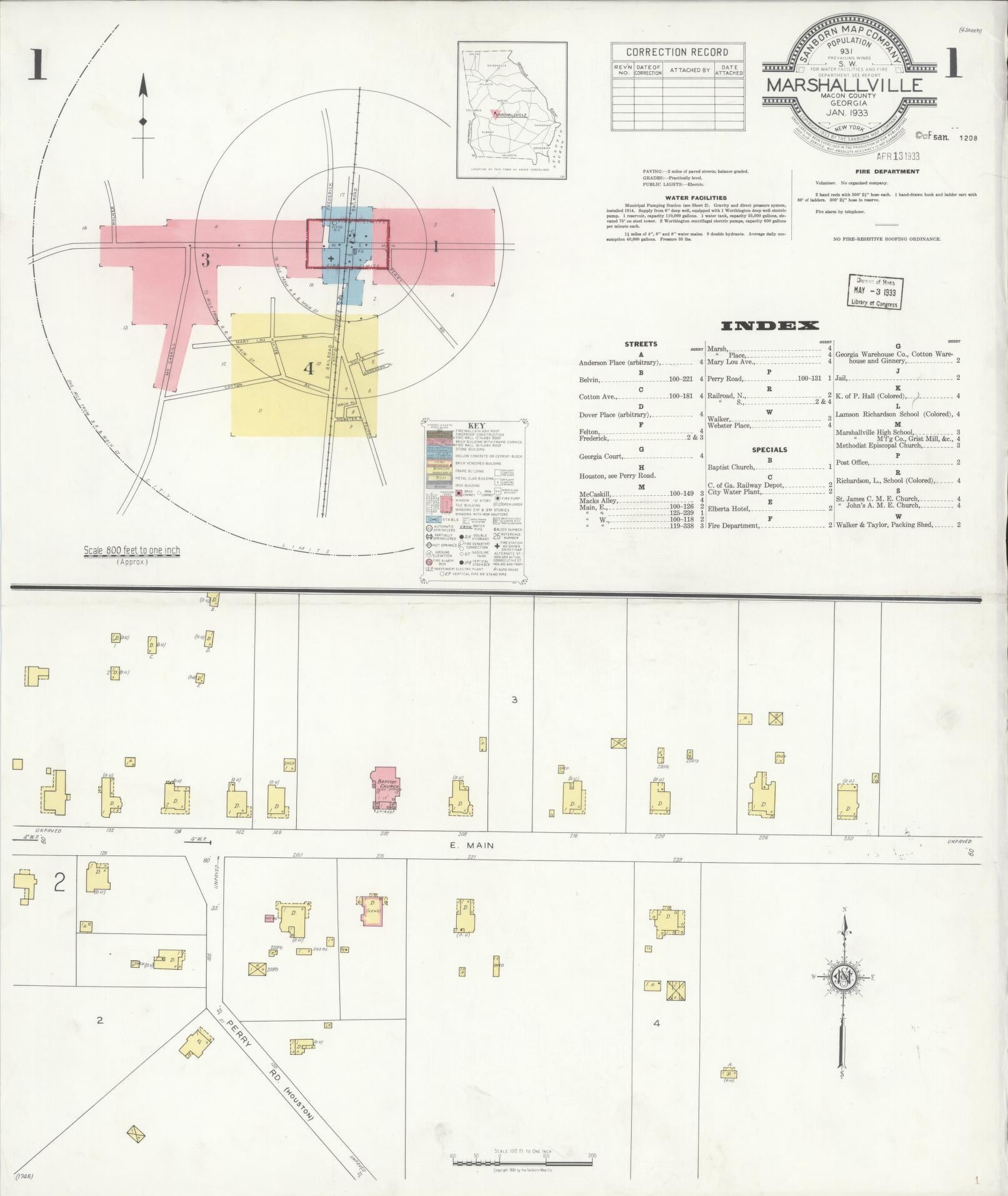 Sanborn Fire Insurance Map from Marshallville, Macon County, Georgia (1933), Sheet #0001 - Historic Sanborn Fire Insurance Map Print, vintage old map wall art, antique decor, genealogy gift, Georgia Georgia map