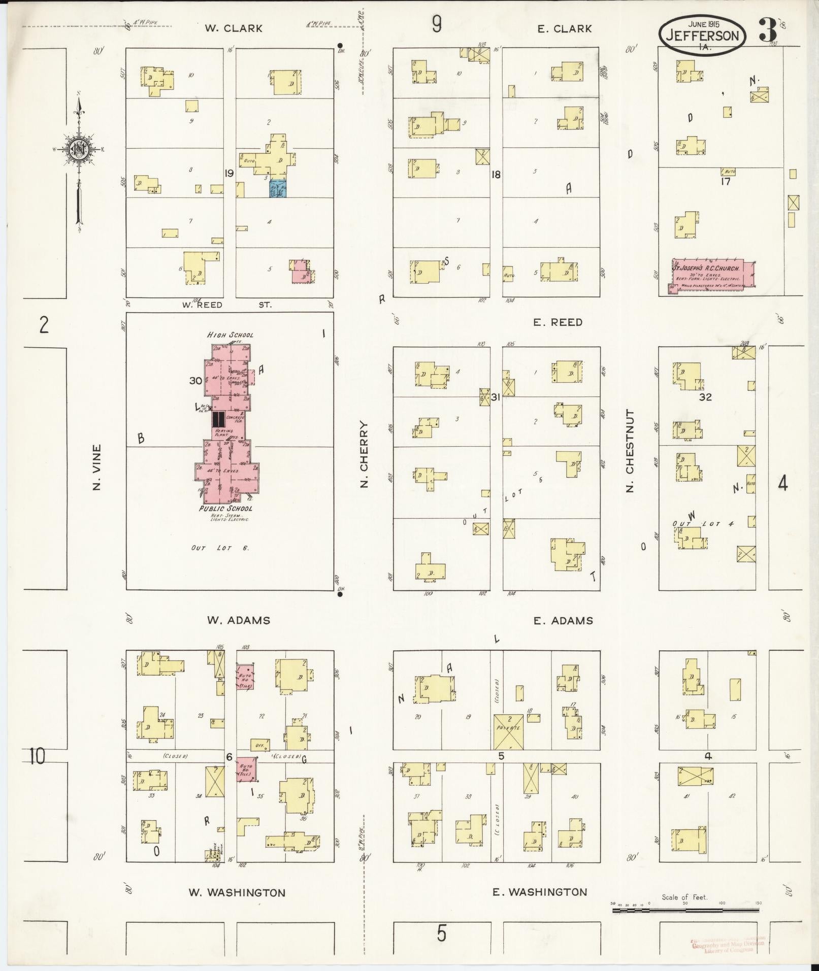 Sanborn Fire Insurance Map from Jefferson, Greene County, Iowa (1915), Sheet #0003 - Historic Sanborn Fire Insurance Map Print, vintage old map wall art