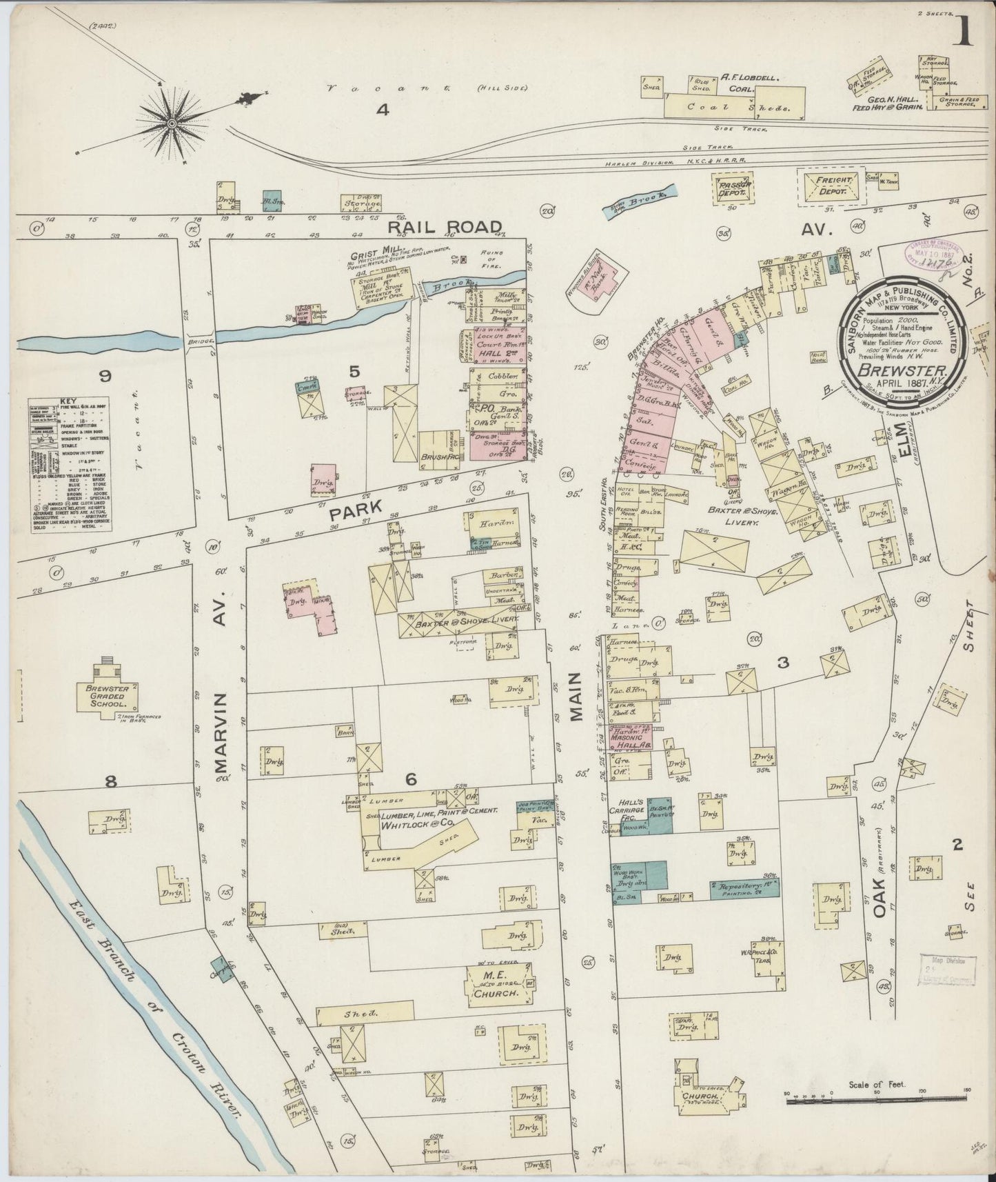 Sanborn Fire Insurance Map from Brewster, Putnam County, New York (1887), Sheet #0001 - Complete Map Set gallery image, historic Sanborn map, vintage wall art, New York New York