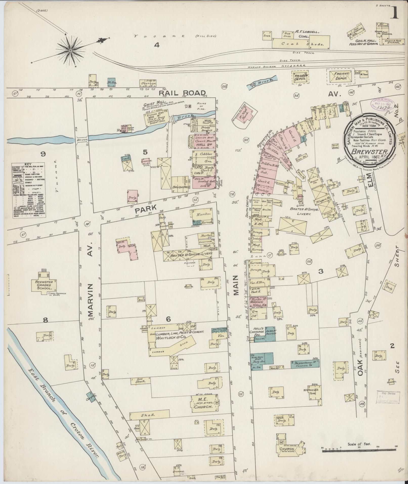 Sanborn Fire Insurance Map from Brewster, Putnam County, New York (1887), Sheet #0001 - Complete Map Set gallery image, historic Sanborn map, vintage wall art, New York New York