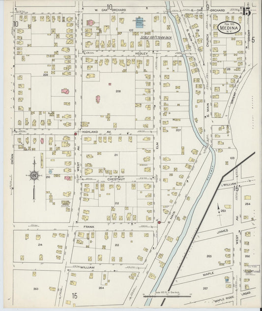 Sanborn Fire Insurance Map from Medina, Orleans County, New York (1915), Sheet #0015 - Historic Sanborn Fire Insurance Map Print, vintage old map wall art, antique decor, genealogy gift, New York New York map