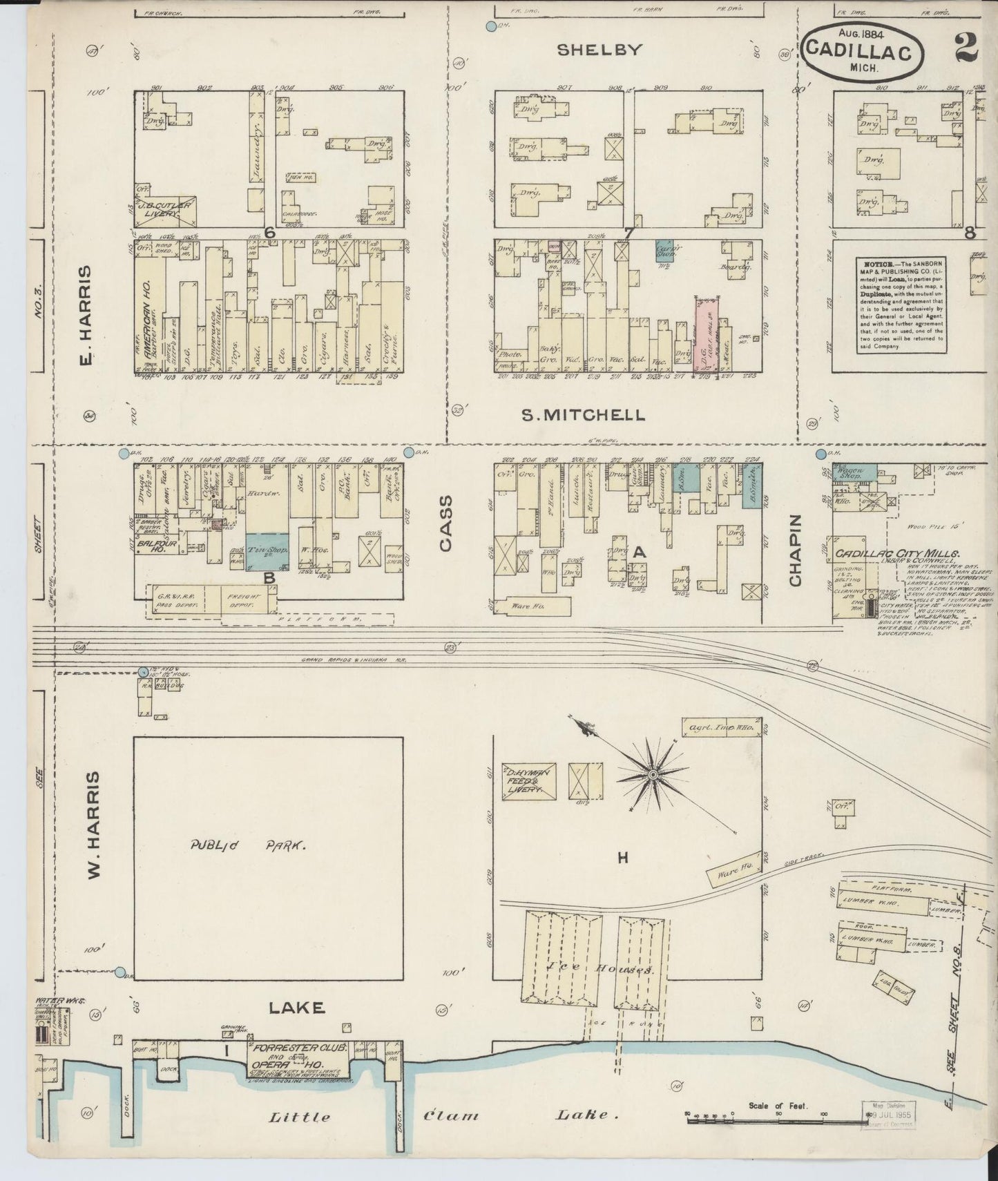 Sanborn Fire Insurance Map from Cadillac, Wexford County, Michigan (1884), Sheet #0002 - Complete Map Set gallery image, historic Sanborn map, vintage wall art, Michigan Michigan