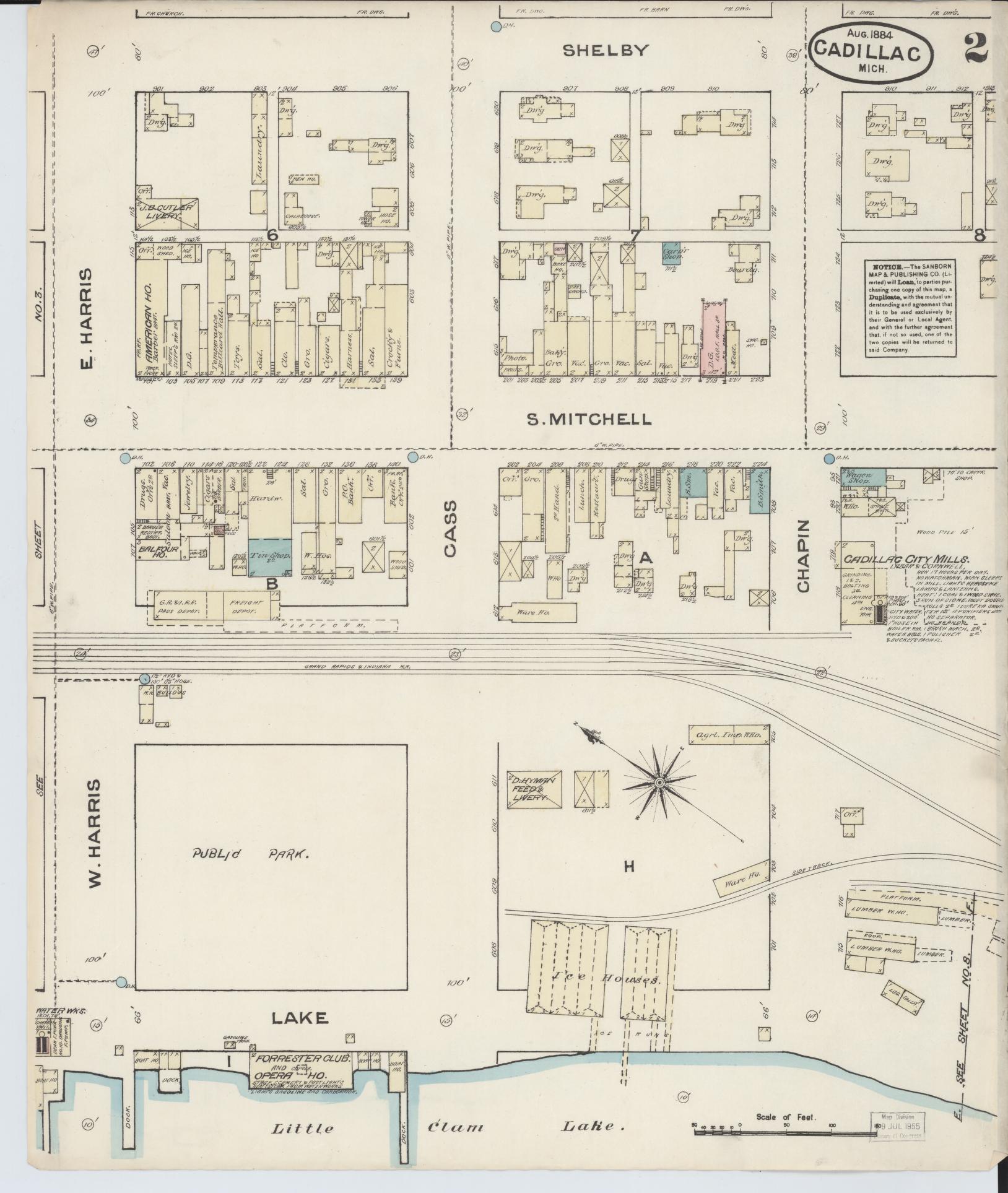 Sanborn Fire Insurance Map from Cadillac, Wexford County, Michigan (1884), Sheet #0002 - Complete Map Set gallery image, historic Sanborn map, vintage wall art, Michigan Michigan