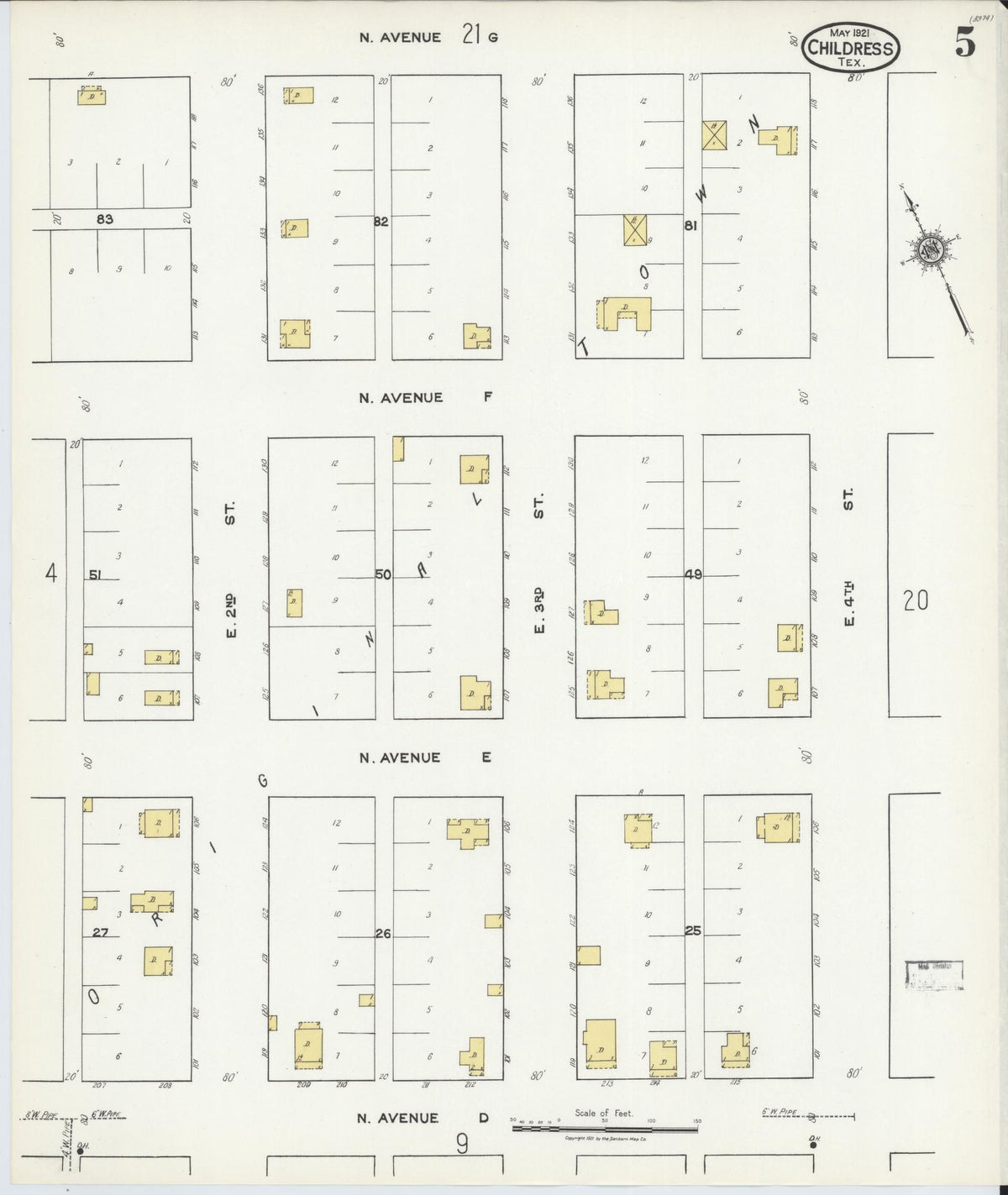 Sanborn Fire Insurance Map from Childress, Childress County, Texas (1921), Sheet #0005 - Historic Sanborn Fire Insurance Map Print, vintage old map wall art, antique decor, genealogy gift, Texas Texas map