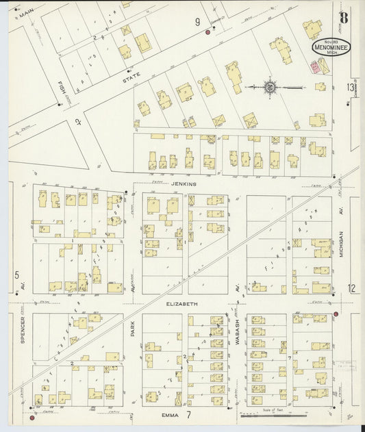 Sanborn Fire Insurance Map from Menominee, Menominee County, Michigan (1913), Sheet #0008 - Historic Sanborn Fire Insurance Map Print, vintage old map wall art, antique decor, genealogy gift, Michigan Michigan map