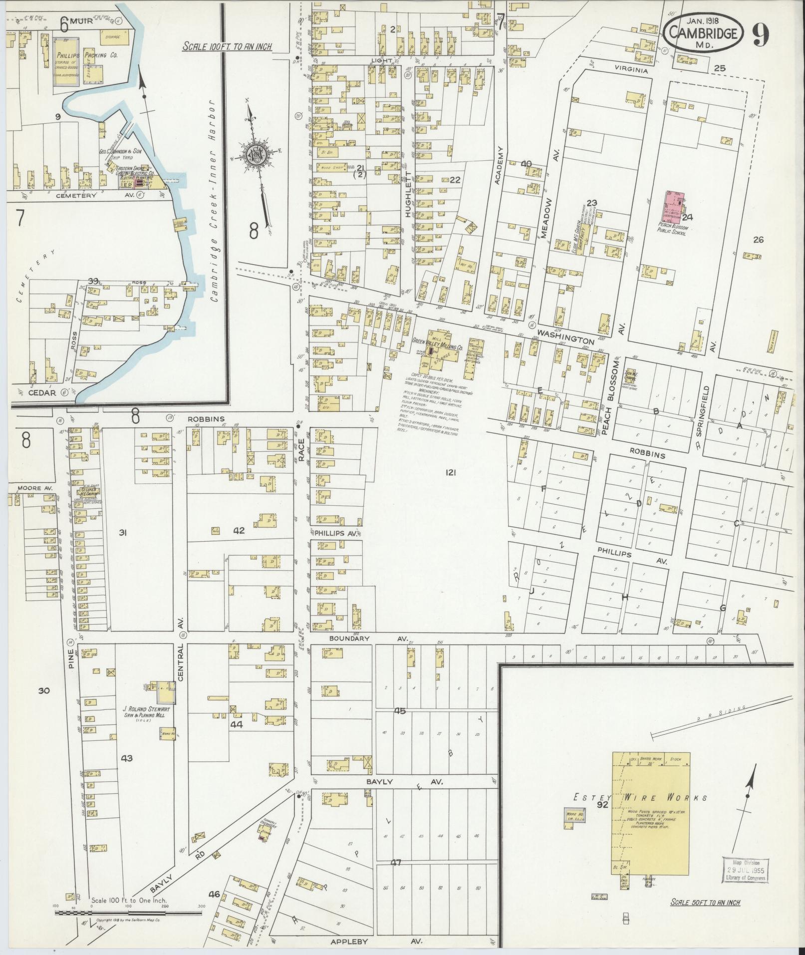 Dorchester, Maryland - 1918 - Sanborn Fire Insurance Map, Sheet #0009 - Historic Sanborn Fire Insurance Map Print, Dorchester Maryland 1918 0009 vintage old map wall art