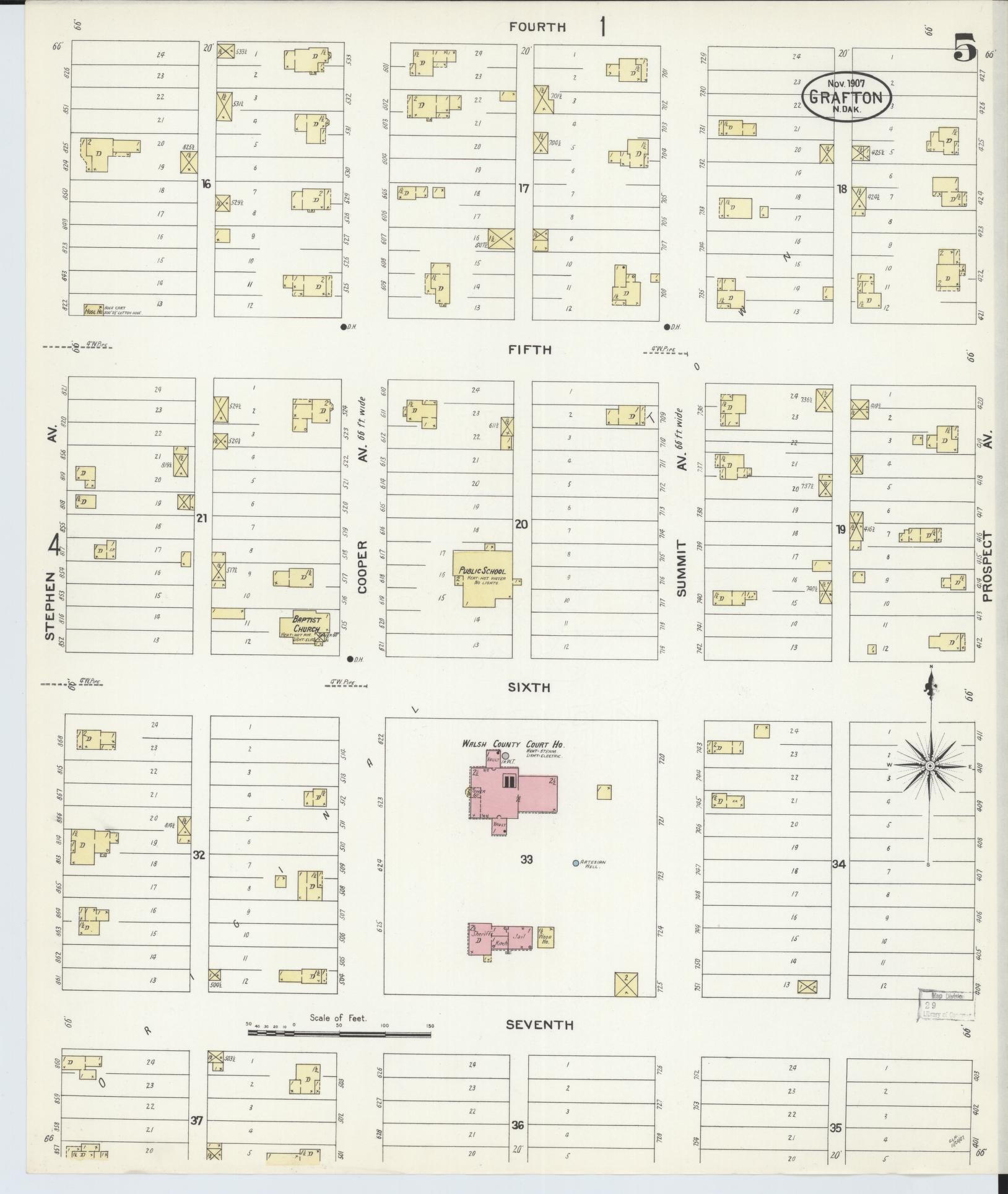 Sanborn Fire Insurance Map from Grafton, Walsh County, North Dakota (1907), Sheet #0005 - Complete Map Set gallery image, historic Sanborn map, vintage wall art, North Dakota North Dakota