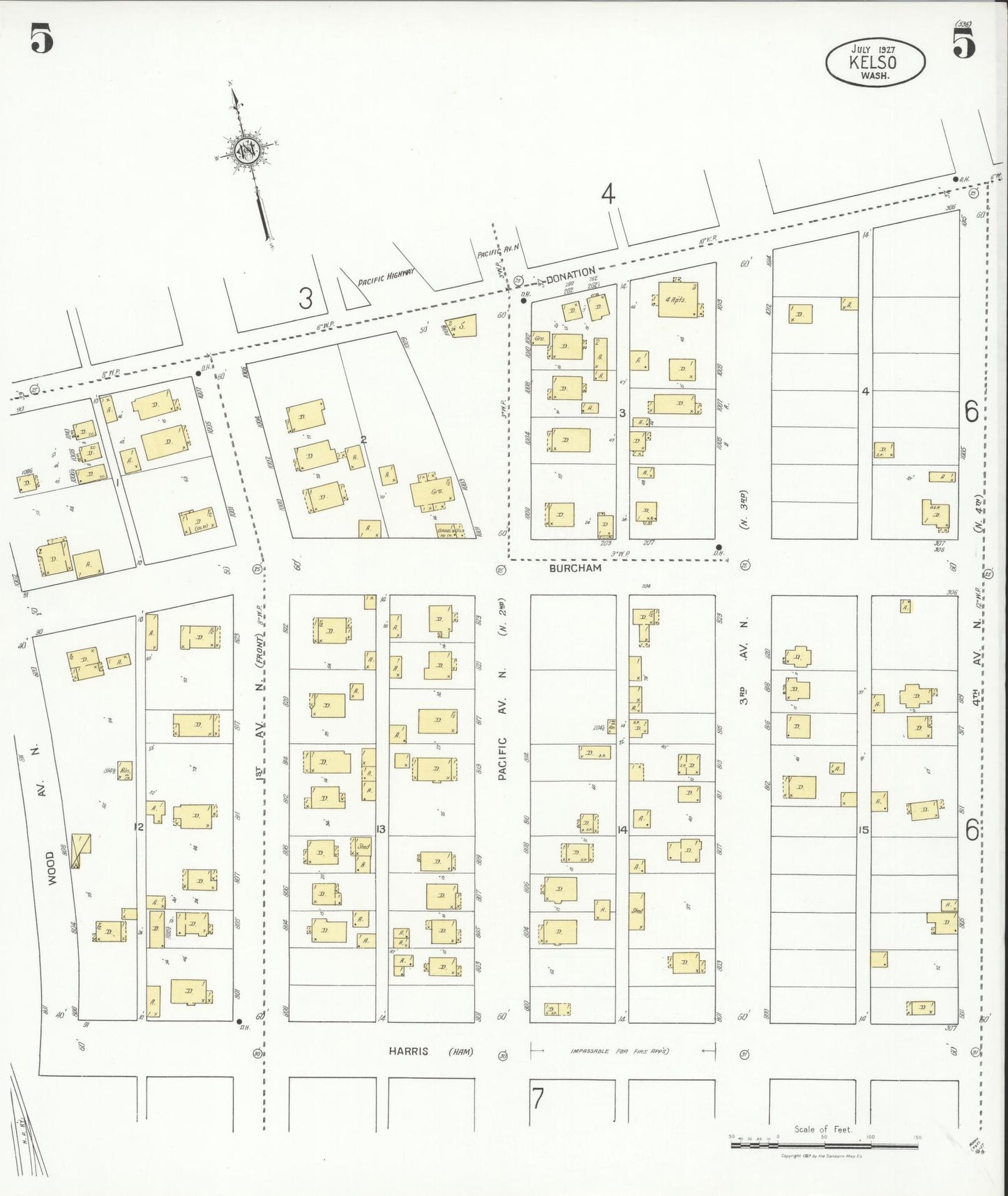 Sanborn Fire Insurance Map from Kelso, Cowlitz County, Washington (1927), Sheet #0005 - Historic Sanborn Fire Insurance Map Print, vintage old map wall art, antique decor, genealogy gift, Washington Washington map