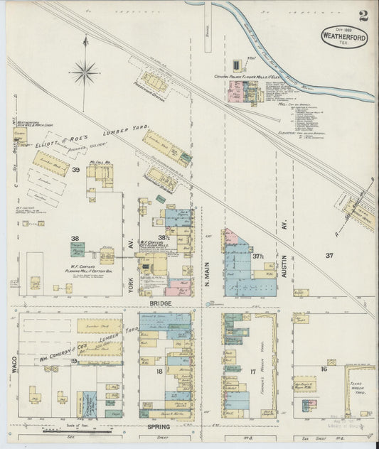 Sanborn Fire Insurance Map from Weatherford, Parker County, Texas (1889), Sheet #0002 - Historic Sanborn Fire Insurance Map Print, vintage old map wall art, antique decor, genealogy gift, Texas Texas map