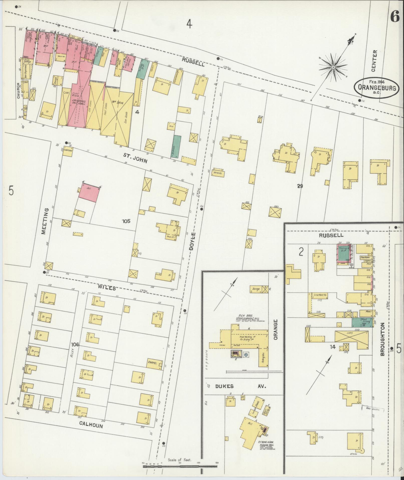 Sanborn Fire Insurance Map from Orangeburg, Orangeburg County, South Carolina (1904), Sheet #0006 - Historic Sanborn Fire Insurance Map Print, vintage old map wall art, antique decor, genealogy gift, South Carolina South Carolina map
