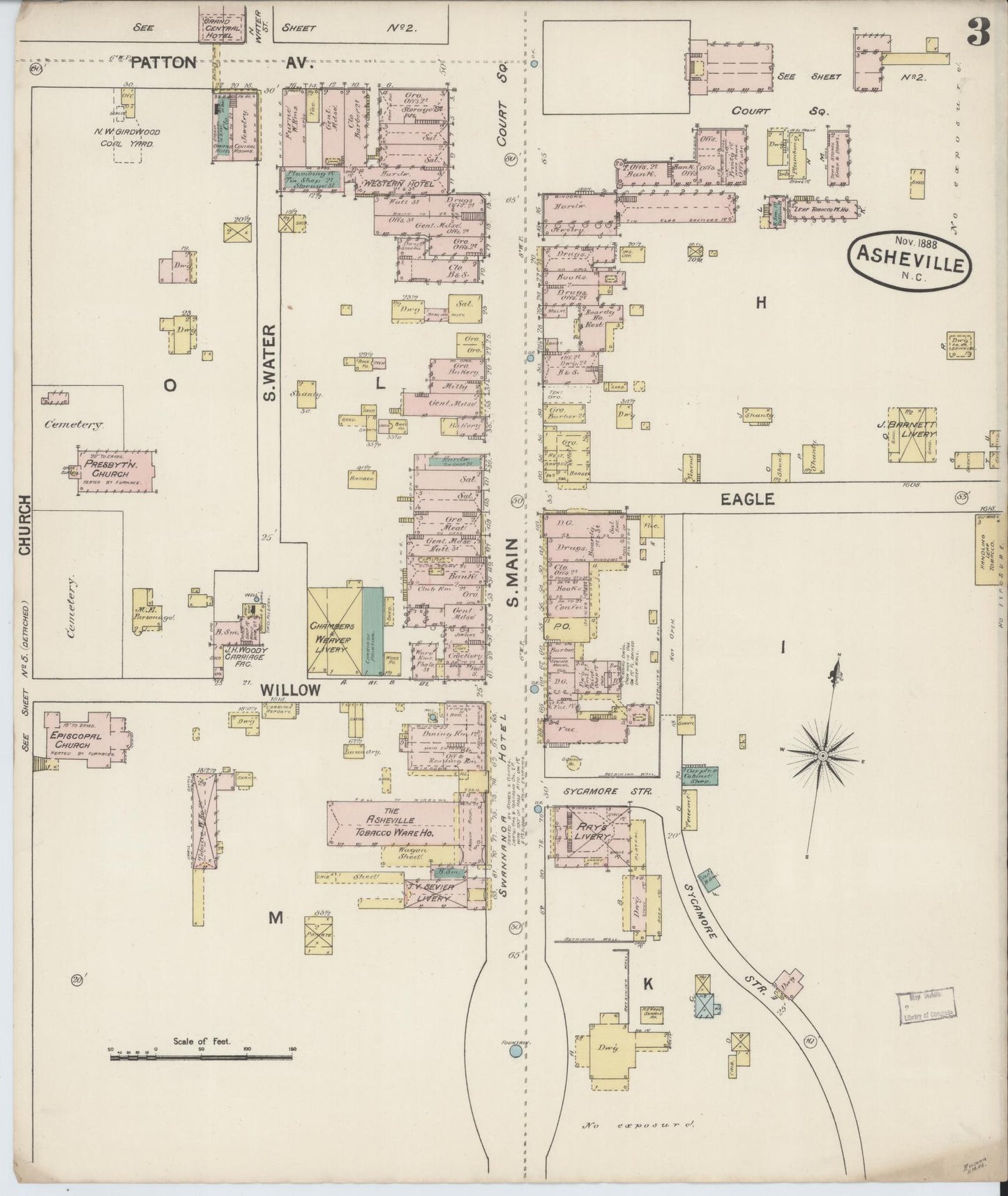 Sanborn Fire Insurance Map from Asheville, Buncombe County, North Carolina (1888), Sheet #0003 - Complete Map Set gallery image, historic Sanborn map, vintage wall art, North Carolina North Carolina