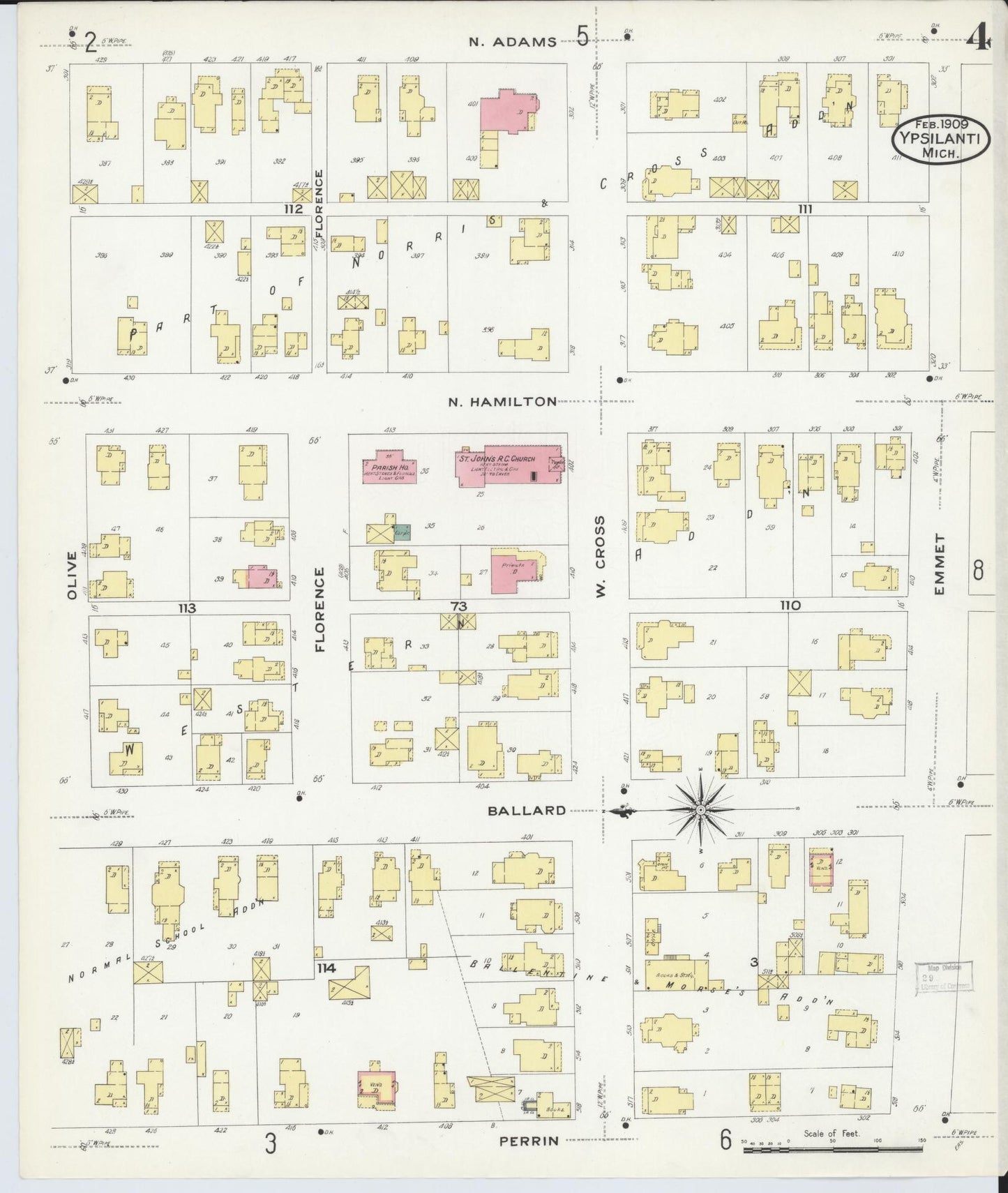 Sanborn Fire Insurance Map from Ypsilanti, Washtenaw County, Michigan (1909), Sheet #0004 - Complete Map Set gallery image, historic Sanborn map, vintage wall art, Michigan Michigan
