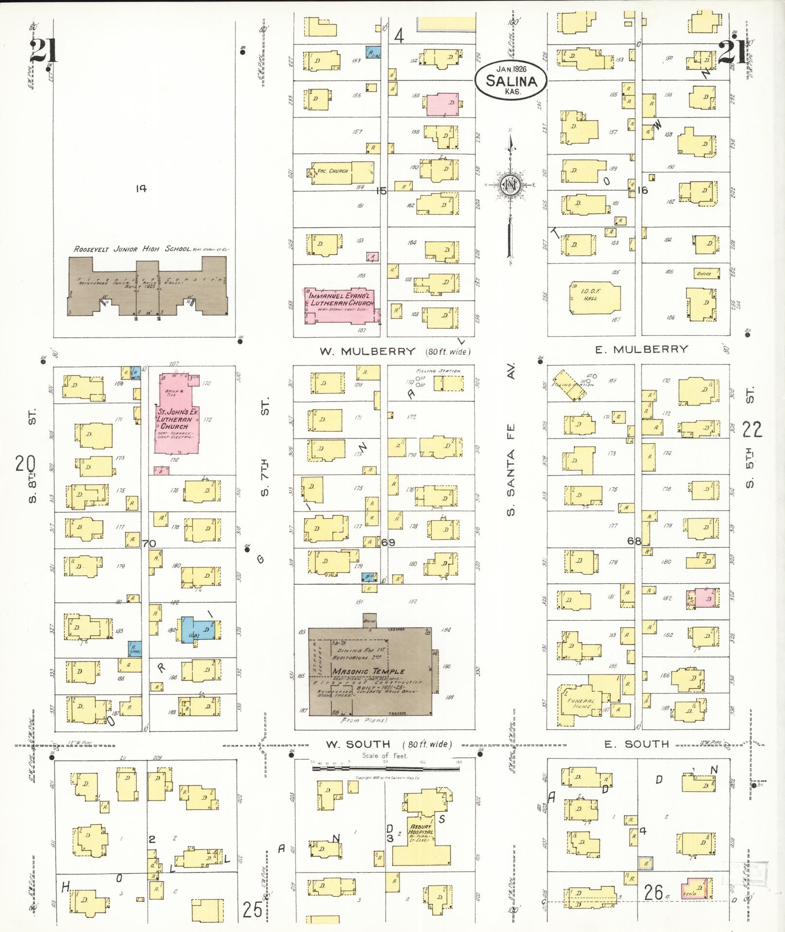 Sanborn Fire Insurance Map from Salina, Saline County, Kansas (1926), Sheet #0021 - Complete Map Set gallery image, historic Sanborn map, vintage wall art, Kansas Kansas