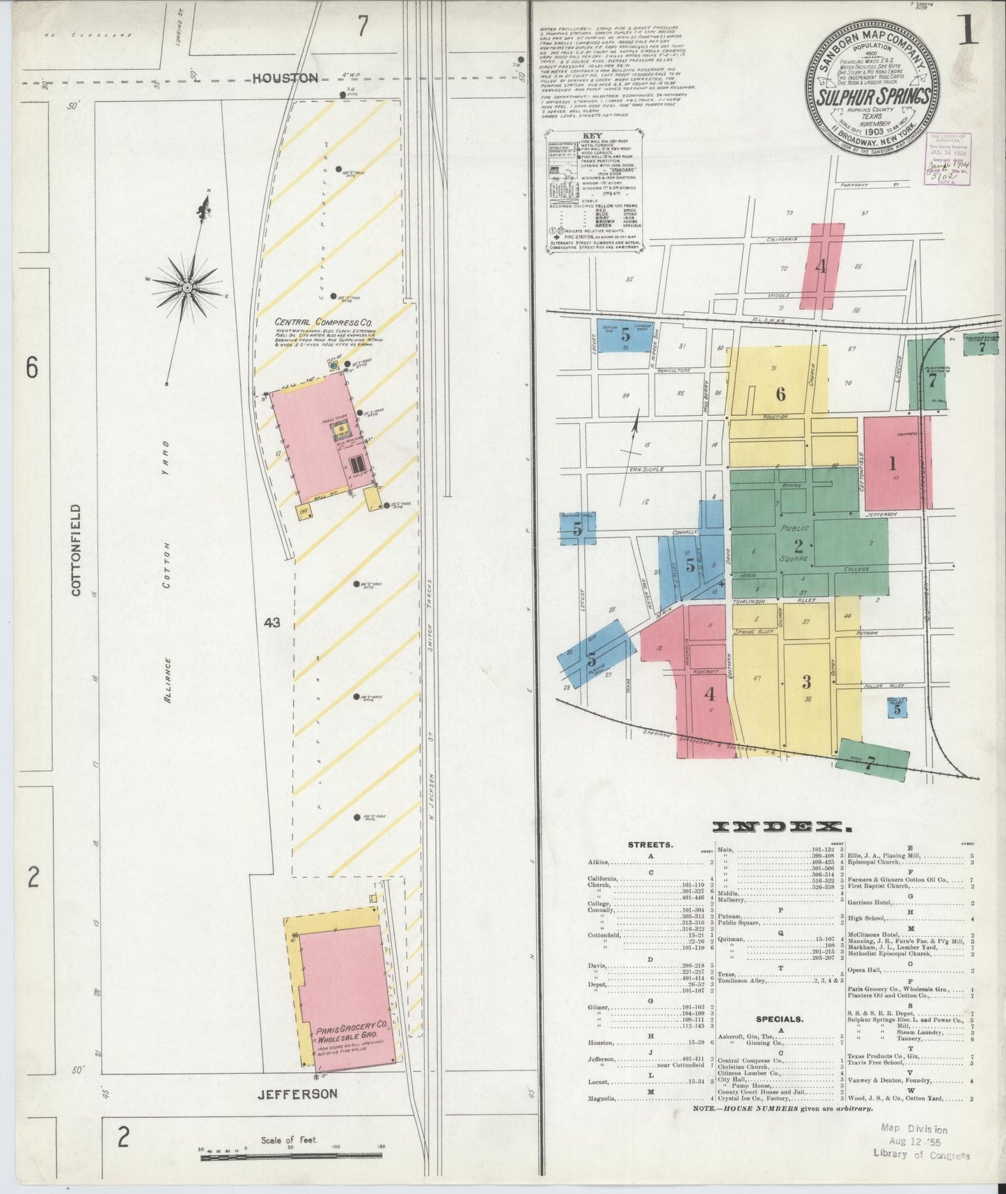 Sanborn Fire Insurance Map from Sulphur Springs, Hopkins County, Texas (1903), Sheet #0001 - Historic Sanborn Fire Insurance Map Print, vintage old map wall art, antique decor, genealogy gift, Texas Texas map