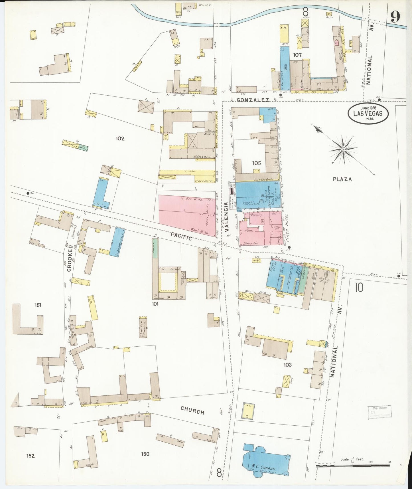 Sanborn Fire Insurance Map from Las Vegas, San Miguel County, New Mexico (1898), Sheet #0009 - Complete Map Set gallery image, historic Sanborn map, vintage wall art, New Mexico New Mexico