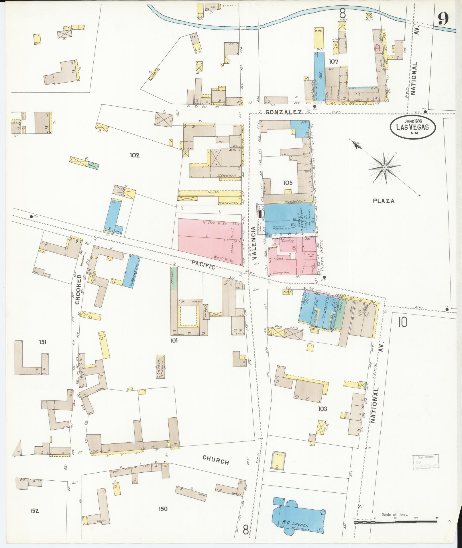 Sanborn Fire Insurance Map from Las Vegas, San Miguel County, New Mexico (1898), Sheet #0009 - Complete Map Set gallery image, historic Sanborn map, vintage wall art, New Mexico New Mexico