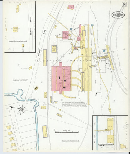 Sanborn Fire Insurance Map from Houghton, Houghton County, Michigan (1908), Sheet #0014 - Historic Sanborn Fire Insurance Map Print, vintage old map wall art, antique decor, genealogy gift, Michigan Michigan map