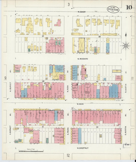 Sanborn Fire Insurance Map from Denison, Grayson County, Texas (1903), Sheet #0010 - Historic Sanborn Fire Insurance Map Print, vintage old map wall art, antique decor, genealogy gift, Texas Texas map