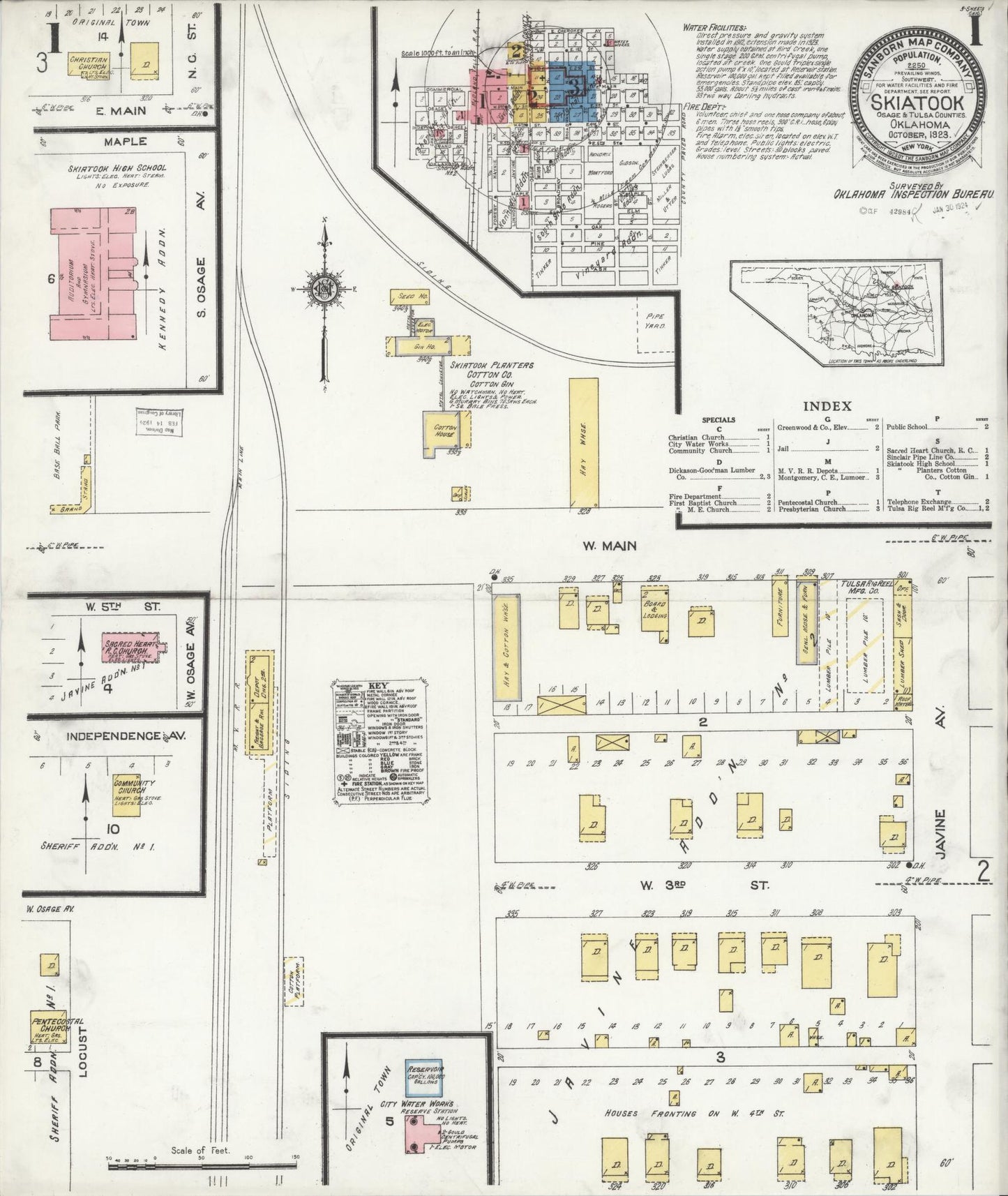 Sanborn Fire Insurance Map from Skiatook, Tulsa And Osage Counties, Oklahoma (1923), Sheet #0001 - Historic Sanborn Fire Insurance Map Print, vintage old map wall art, antique decor, genealogy gift, Oklahoma Oklahoma map