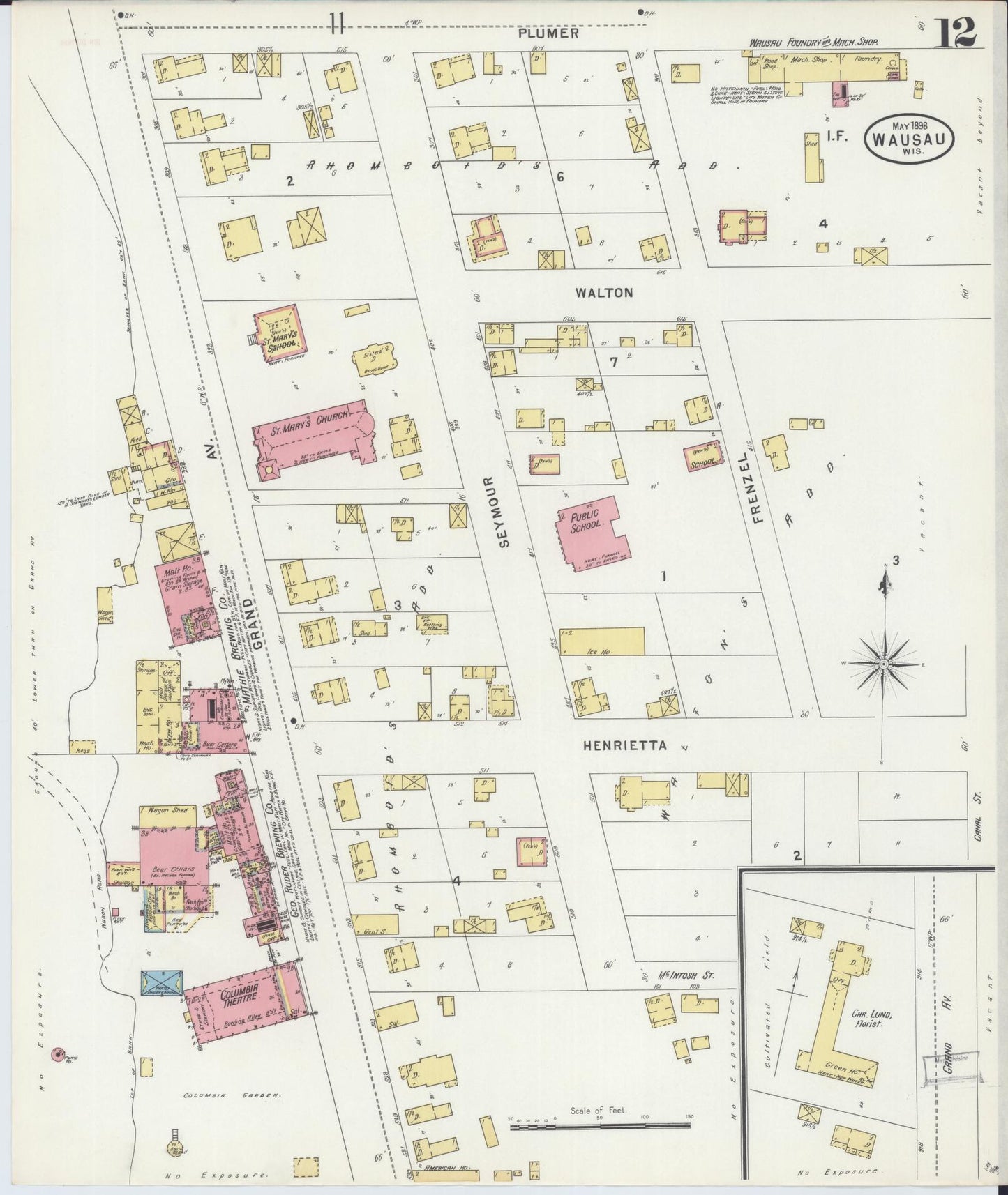 Sanborn Fire Insurance Map from Wausau, Marathon County, Wisconsin (1898), Sheet #0012 - Complete Map Set gallery image, historic Sanborn map, vintage wall art, Wisconsin Wisconsin