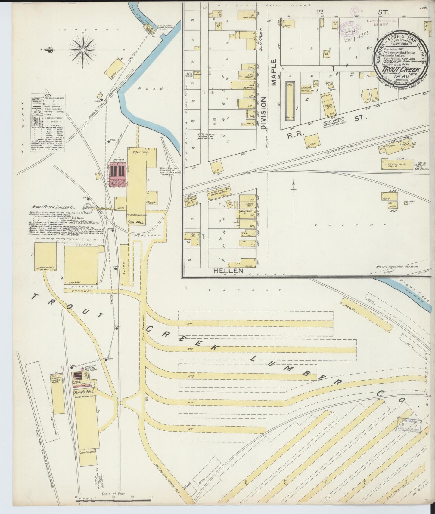 Sanborn Fire Insurance Map from Trout Creek, Ontonagon County, Michigan (1893), Sheet #0001 - Historic Sanborn Fire Insurance Map Print, vintage old map wall art, antique decor, genealogy gift, Michigan Michigan map
