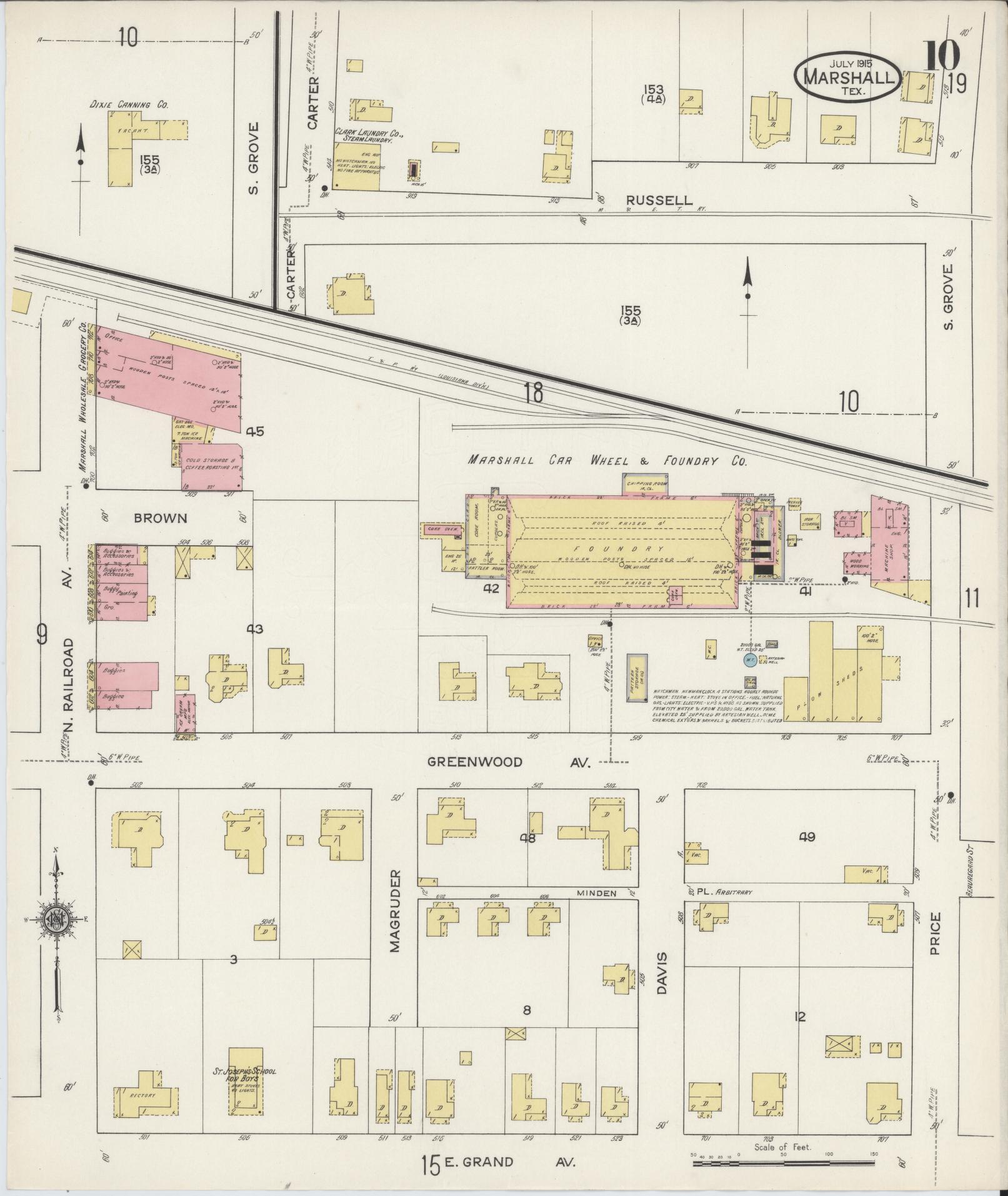 Sanborn Fire Insurance Map from Marshall, Harrison County, Texas (1915), Sheet #0010 - Complete Map Set gallery image, historic Sanborn map, vintage wall art, Texas Texas