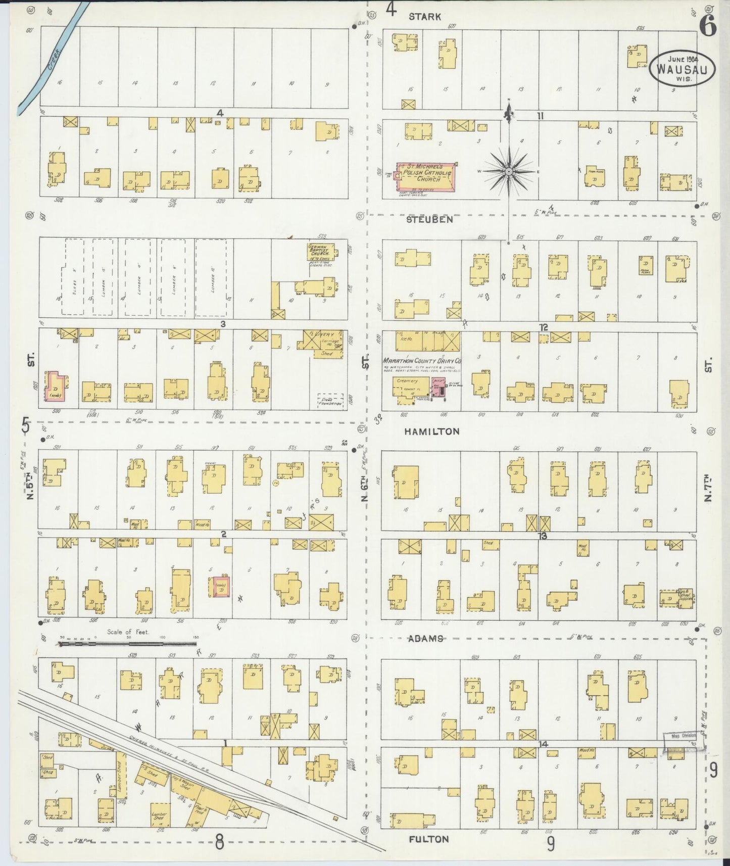 Sanborn Fire Insurance Map from Wausau, Marathon County, Wisconsin (1904), Sheet #0006 - Historic Sanborn Fire Insurance Map Print, vintage old map wall art, antique decor, genealogy gift, Wisconsin Wisconsin map