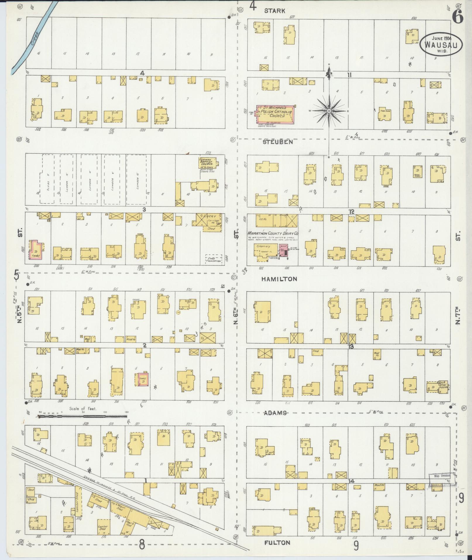Sanborn Fire Insurance Map from Wausau, Marathon County, Wisconsin (1904), Sheet #0006 - Historic Sanborn Fire Insurance Map Print, vintage old map wall art, antique decor, genealogy gift, Wisconsin Wisconsin map