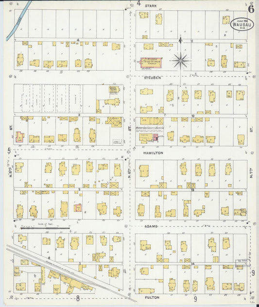 Sanborn Fire Insurance Map from Wausau, Marathon County, Wisconsin (1904), Sheet #0006 - Historic Sanborn Fire Insurance Map Print, vintage old map wall art, antique decor, genealogy gift, Wisconsin Wisconsin map