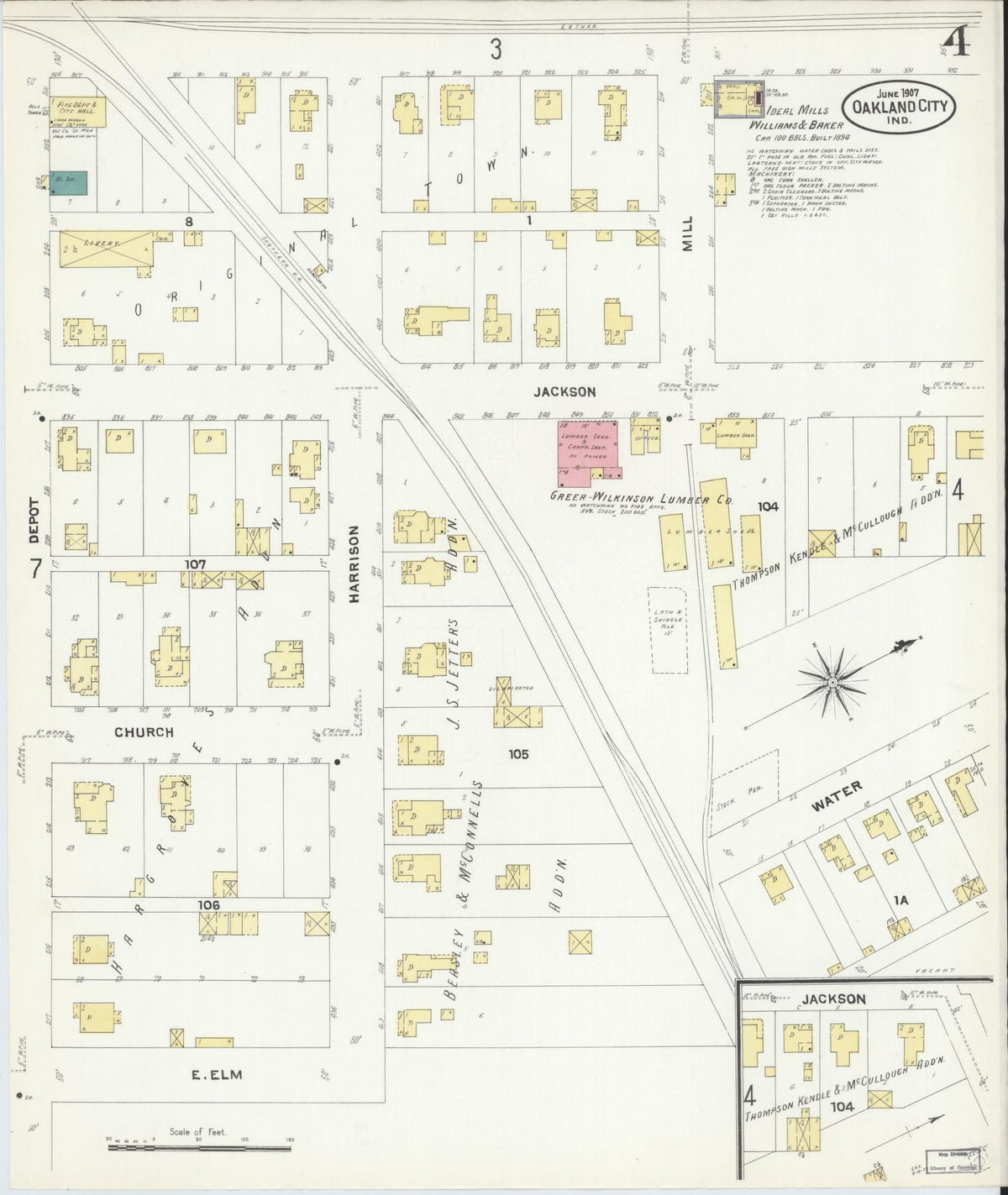 Sanborn Fire Insurance Map from Oakland City, Gibson County, Indiana (1907), Sheet #0004 - Historic Sanborn Fire Insurance Map Print, vintage old map wall art, antique decor, genealogy gift, Indiana Indiana map