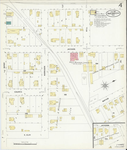 Sanborn Fire Insurance Map from Oakland City, Gibson County, Indiana (1907), Sheet #0004 - Historic Sanborn Fire Insurance Map Print, vintage old map wall art, antique decor, genealogy gift, Indiana Indiana map