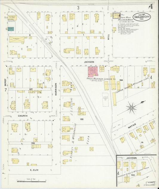 Sanborn Fire Insurance Map from Oakland City, Gibson County, Indiana (1907), Sheet #0004 - Historic Sanborn Fire Insurance Map Print, vintage old map wall art, antique decor, genealogy gift, Indiana Indiana map