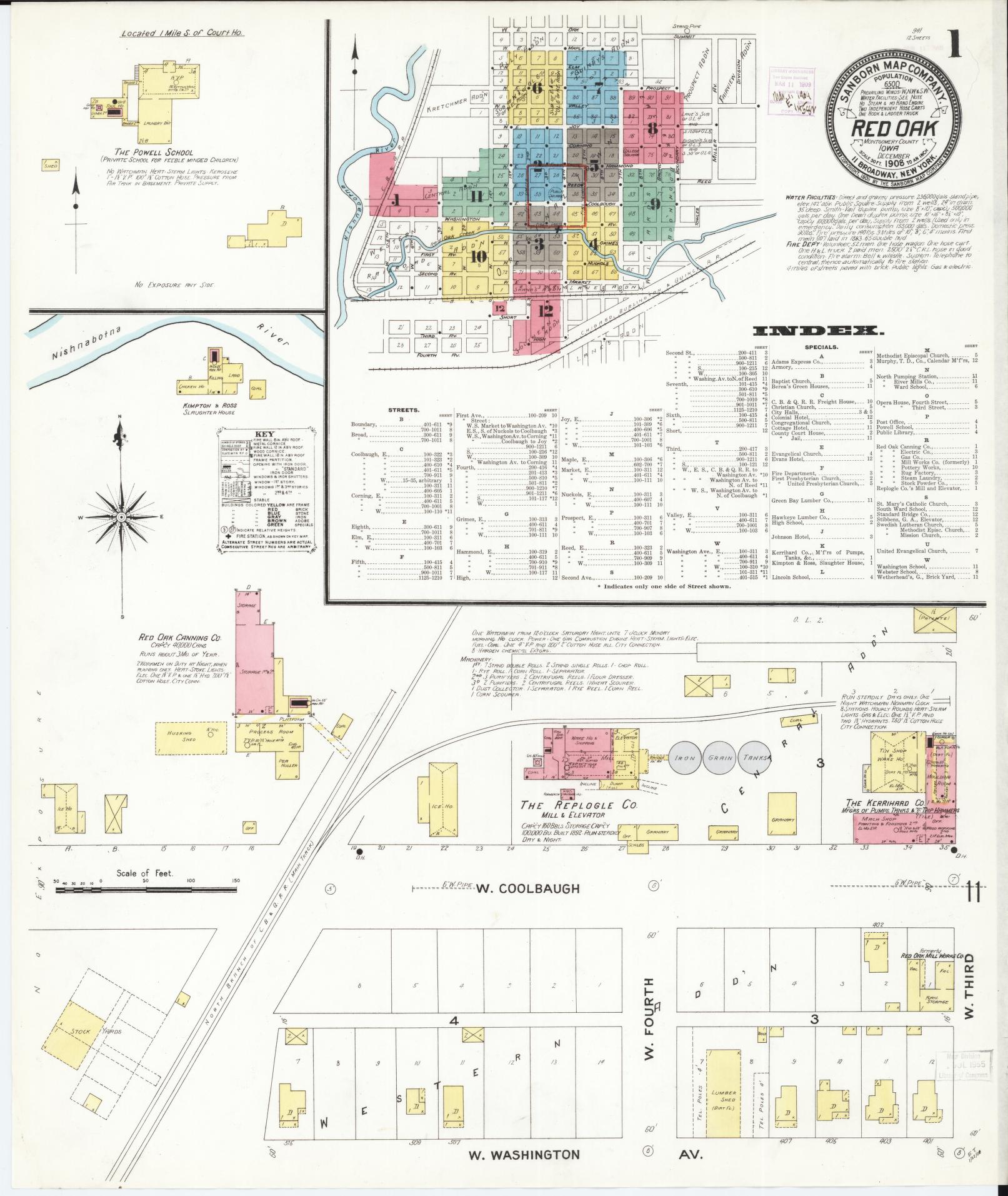 Sanborn Fire Insurance Map from Red Oak, Montgomery County, Iowa (1908), Sheet #0001 - Historic Sanborn Fire Insurance Map Print, vintage old map wall art