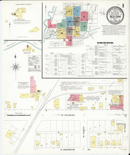 Sanborn Fire Insurance Map from Red Oak, Montgomery County, Iowa (1908), Sheet #0001 - Historic Sanborn Fire Insurance Map Print, vintage old map wall art