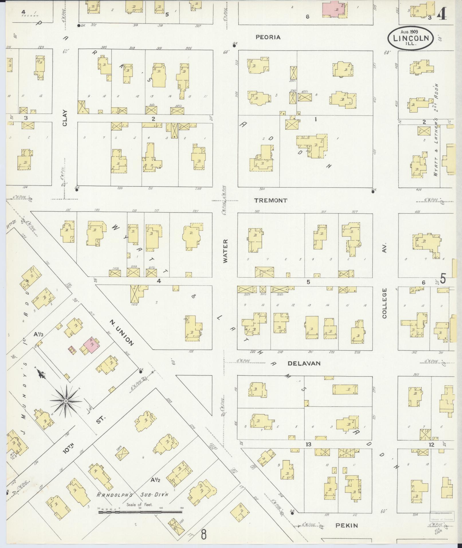Sanborn Fire Insurance Map from Lincoln, Logan County, Illinois (1909), Sheet #0004 - Historic Sanborn Fire Insurance Map Print, vintage old map wall art, antique decor, genealogy gift, Illinois Illinois map